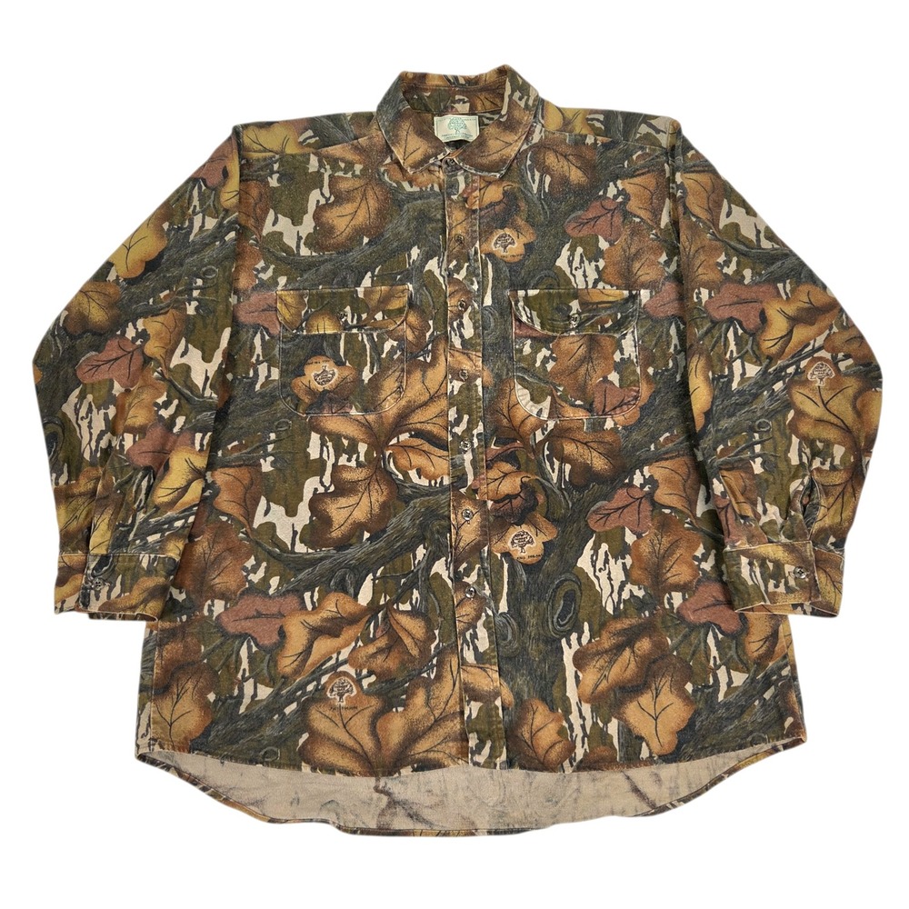 Vintage Mossy Oak Fall Foliage Button Up Shirt Thick Mens XXL Brown Camo USA Vtg